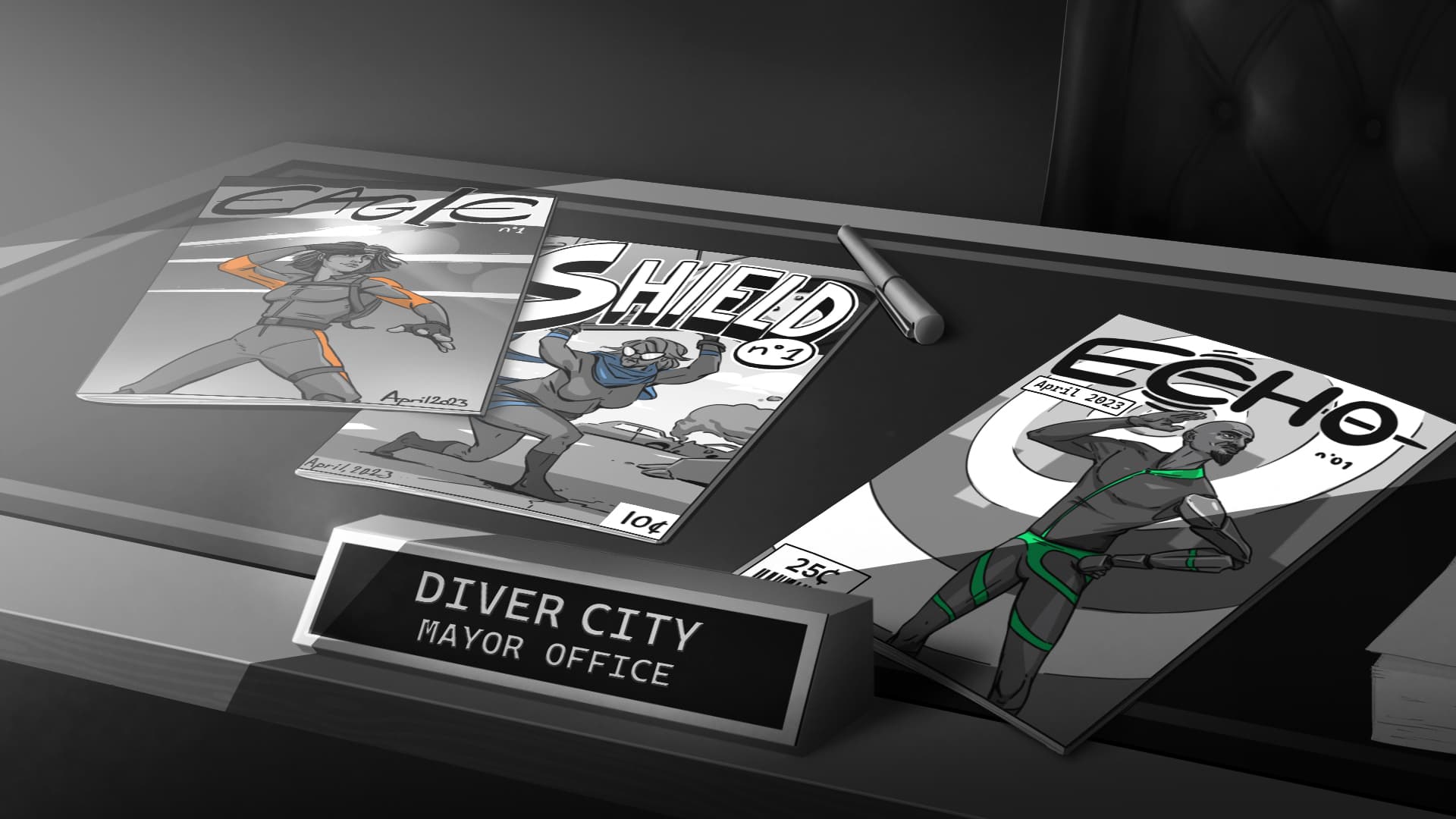 DiverCity Game Character Posters On Mayor Office Desk